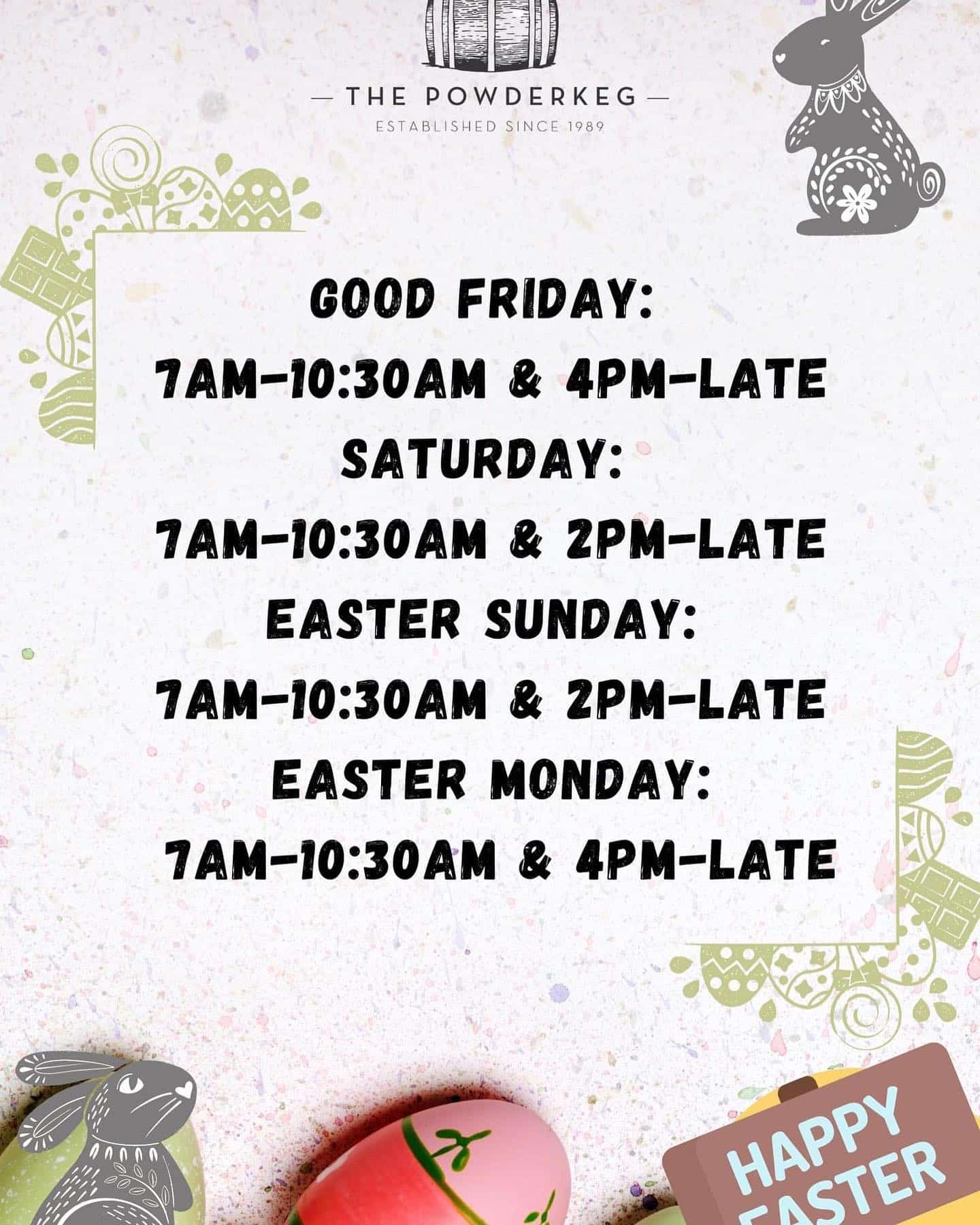 ⏰📅🐣🐣🐣🐣
💥Check out our Easter opening hours!!💥
 🐰🐰🐰🐰

We will be working all weekend long to make sure you are fed and taken care of! 
📌Please note there are some trading laws around Easter, if you would like to come and have a drink Friday or Sunday you must be dining with us...🍔🍕🍟🍳🥩🍻

😎See you all at The Keg !🎉