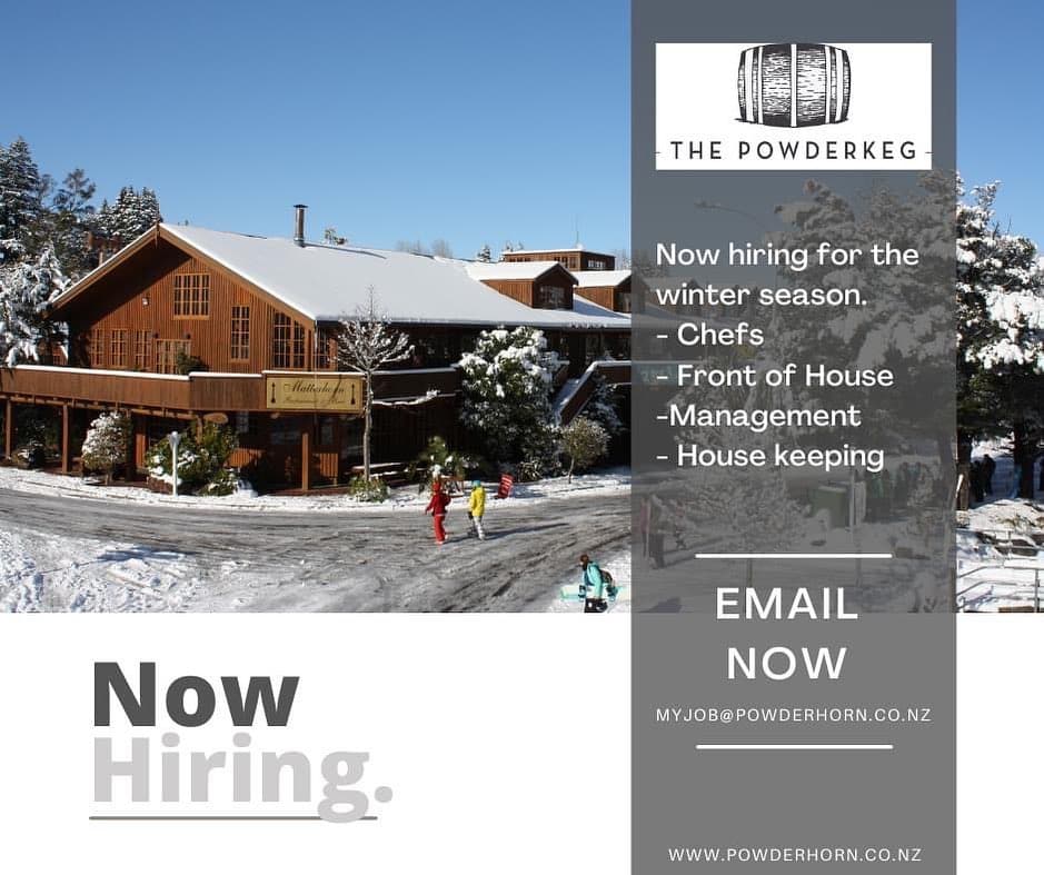 We are now hiring for the winter season! 
Discounted season pass and cheap accommodation available for successful applicants. 

Email us on myjob@powderhorn.co.nz or flick us a PM 

Hiring for all positions! 

- Chefs 
- Housekeeping 
- Duty Managers 
- Front of House