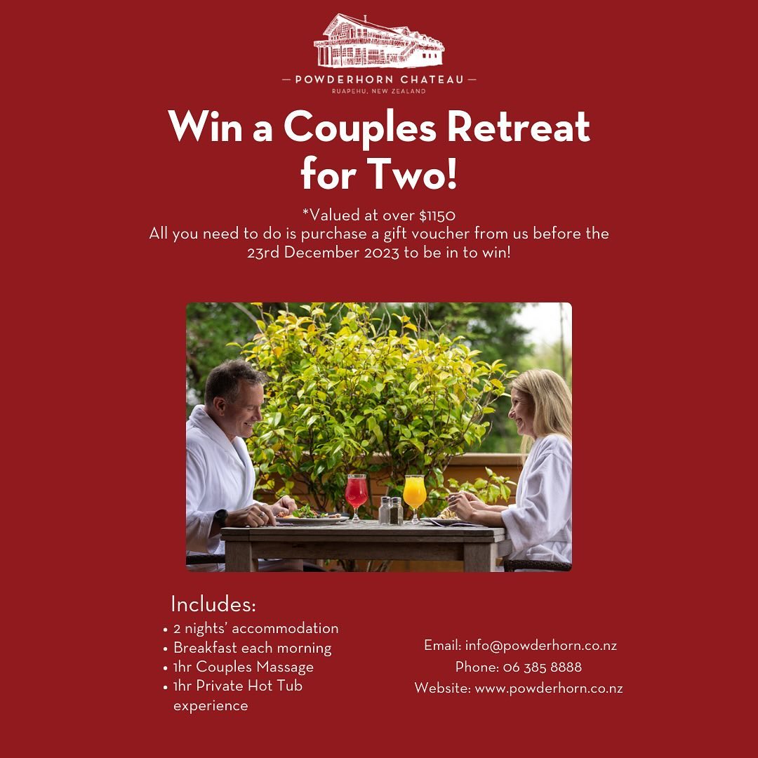 Buy a gift voucher before the 23rd December 2023 and be in to win our Couples Retreat Package valued at over $1150! 🌳

To find out more:
Call: 06 385 8888
Email: info@powderhorn.co.nz
Visit our website: www.powderhorn.co.nz
